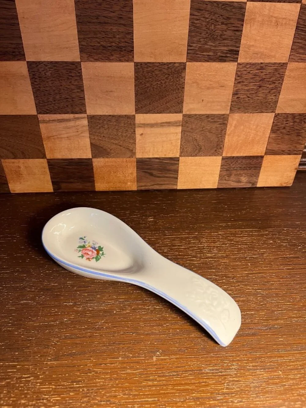 Victorian Rose Tabletops Unlimited Spoon Rest Pink Rose Blue Border A783